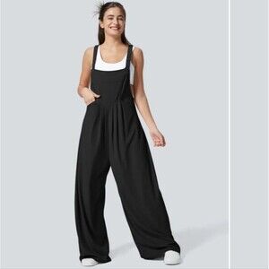 HALARA Adjustable Strap Button Waffle Knit Black Casual Wide-Leg Jumpsuit XL
